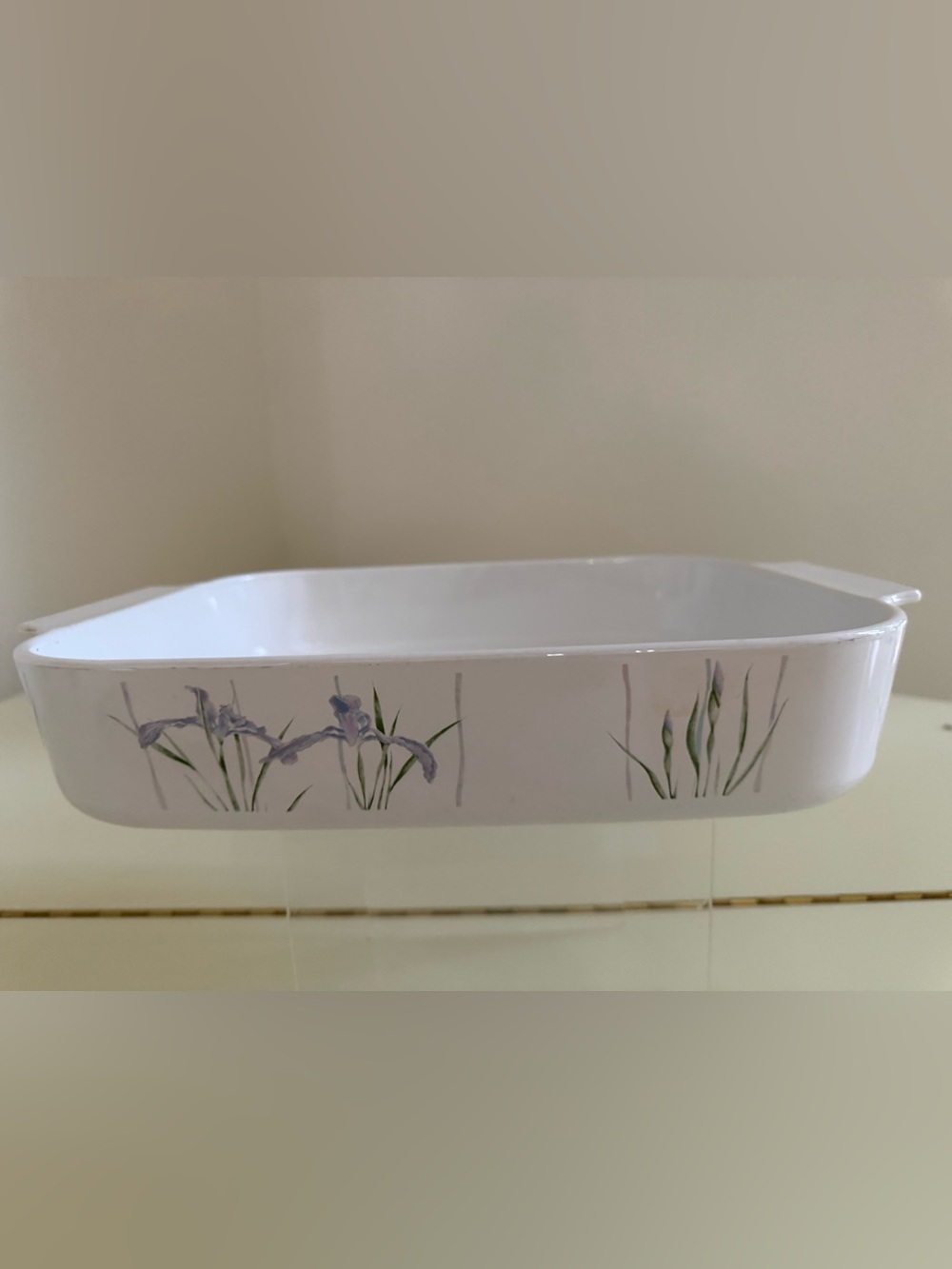 Corning Ware A-21 large baking casserole dish.  Corelle Shadow Iris pattern.
